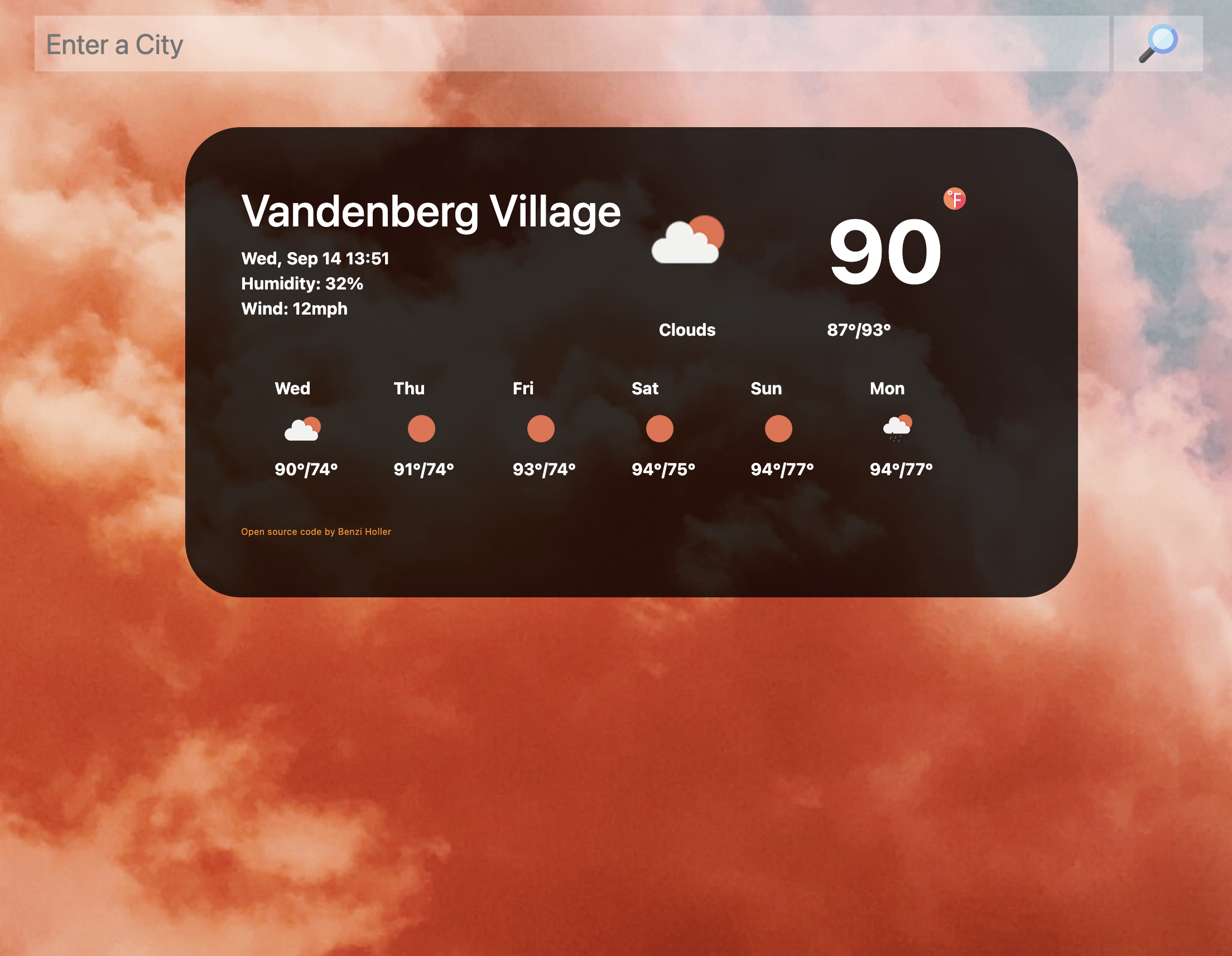 a simple weather app showing one week of forcast with an orange cloud background